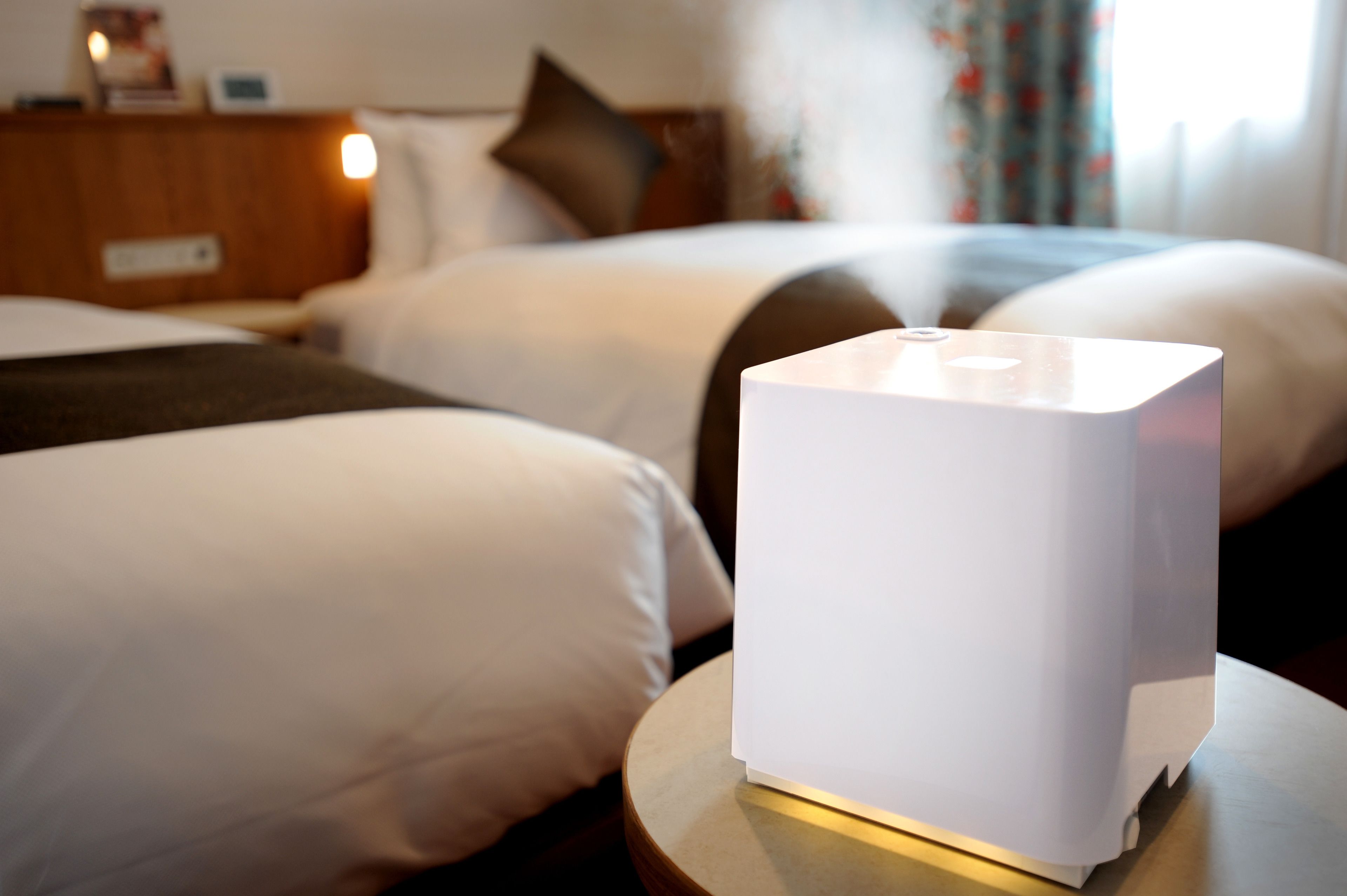 Habitación de hotel con dos camas, una mesita de noche con una lámpara blanca y otra mesita con un reloj.