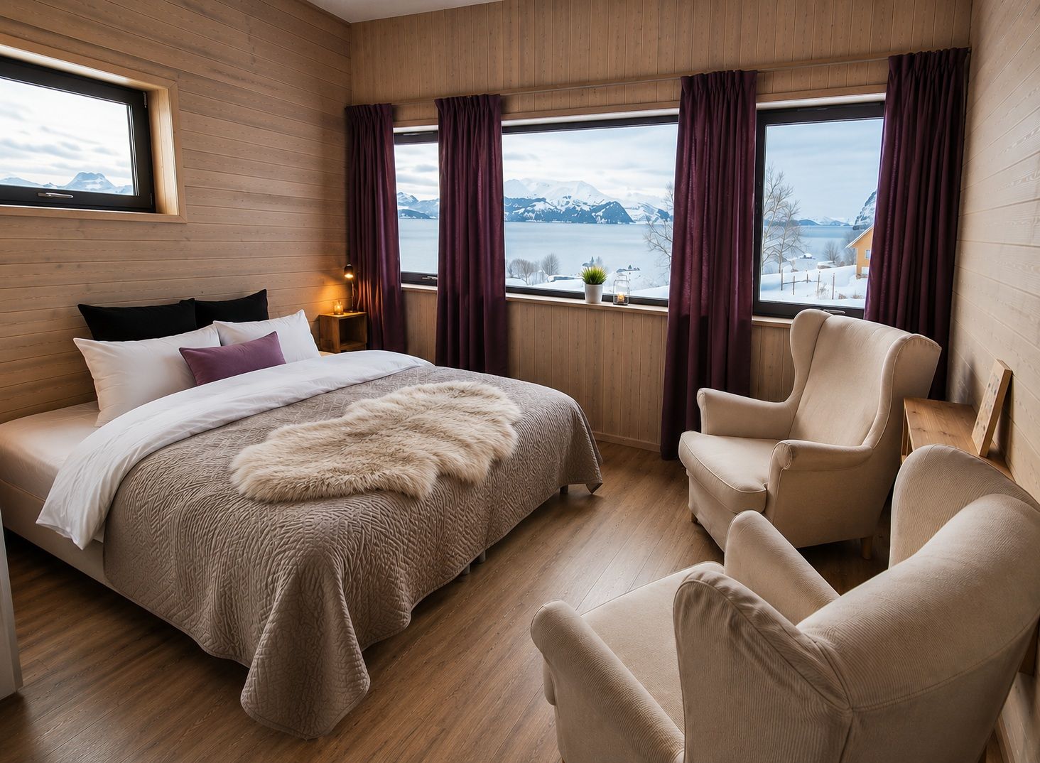 Habitación de hotel con cama, dos sillones, ventana con cortinas y vistas a montañas y un lago.