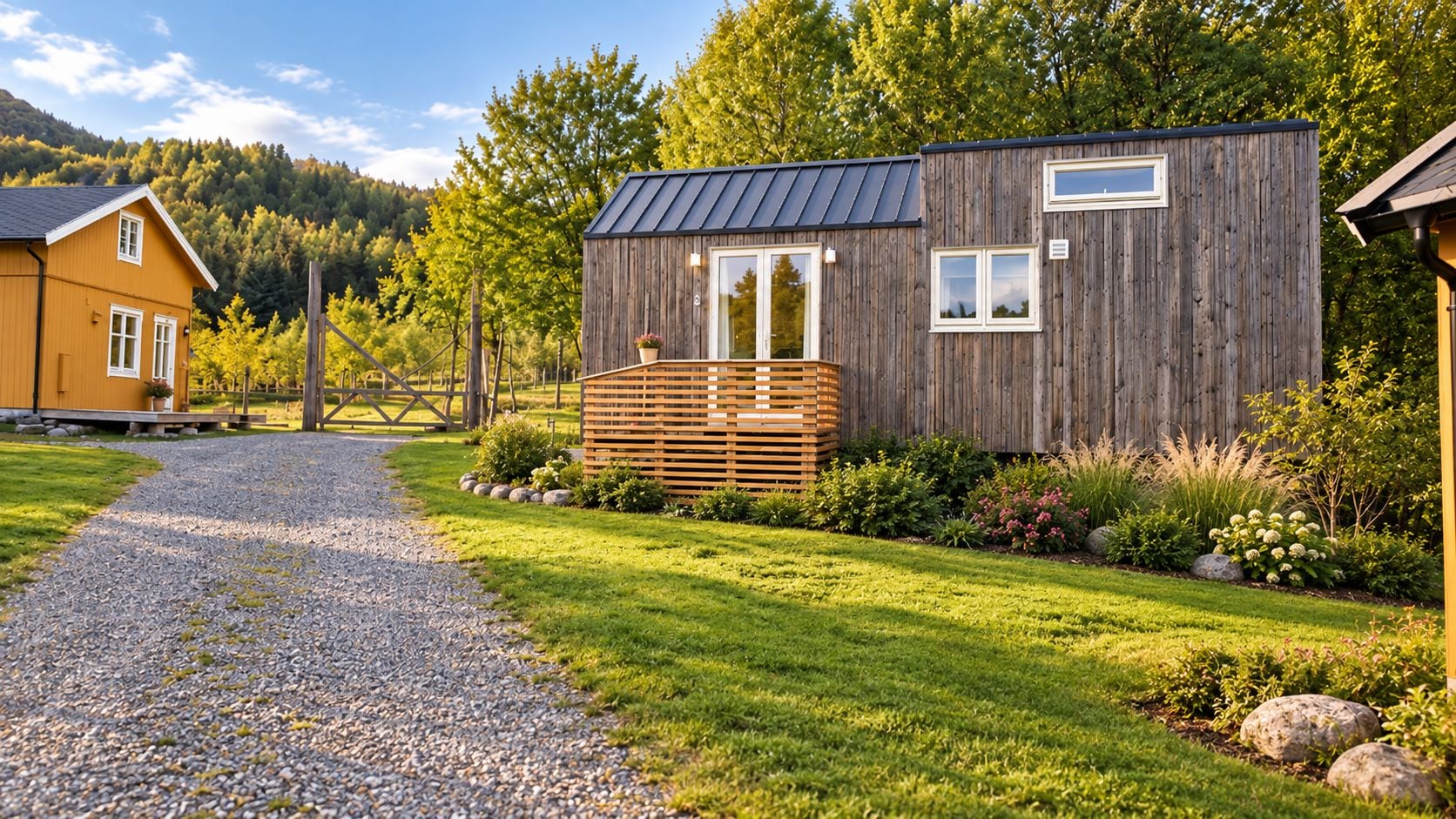 A wooden cabin with a gravel path leading to it, surrounded by greenery and a mountain backdrop.