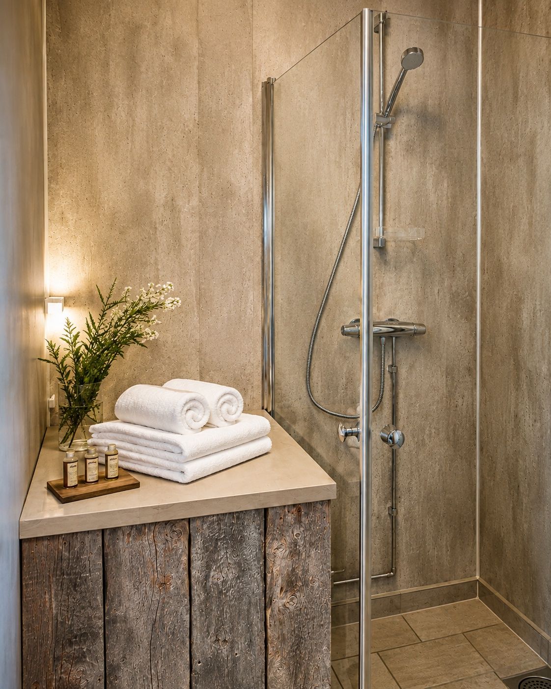 A bathroom with a glass-enclosed shower, a wooden vanity with a glass vase and rolled towels, and a wall-mounted light.