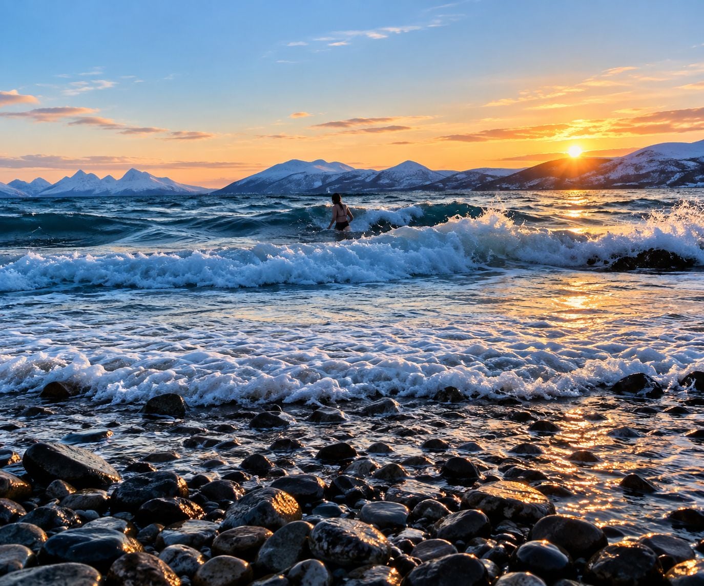 A beach with waves, a person in the water, and a sunset with mountains in the background.