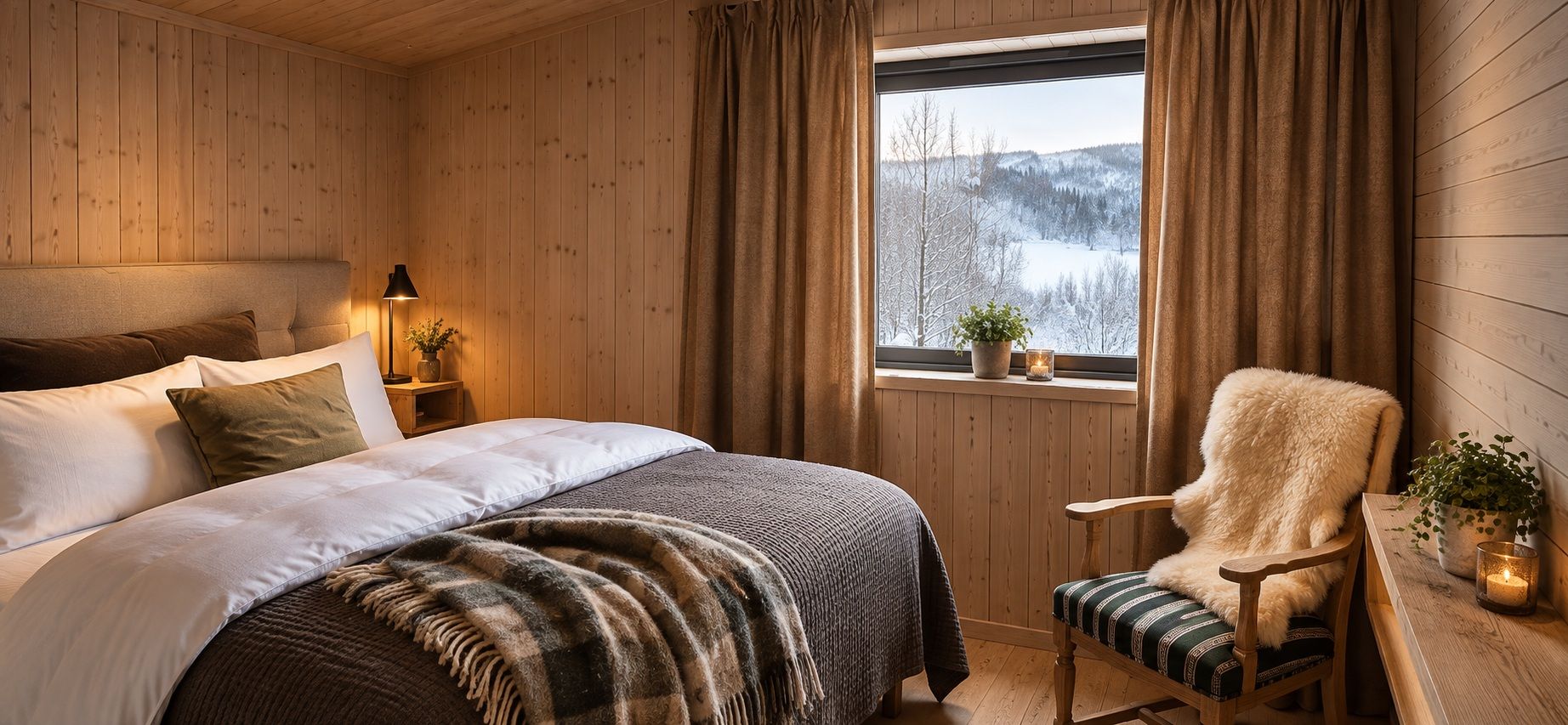 A cozy room with a bed, a chair, a window with a view of snow-covered trees, and a lamp.