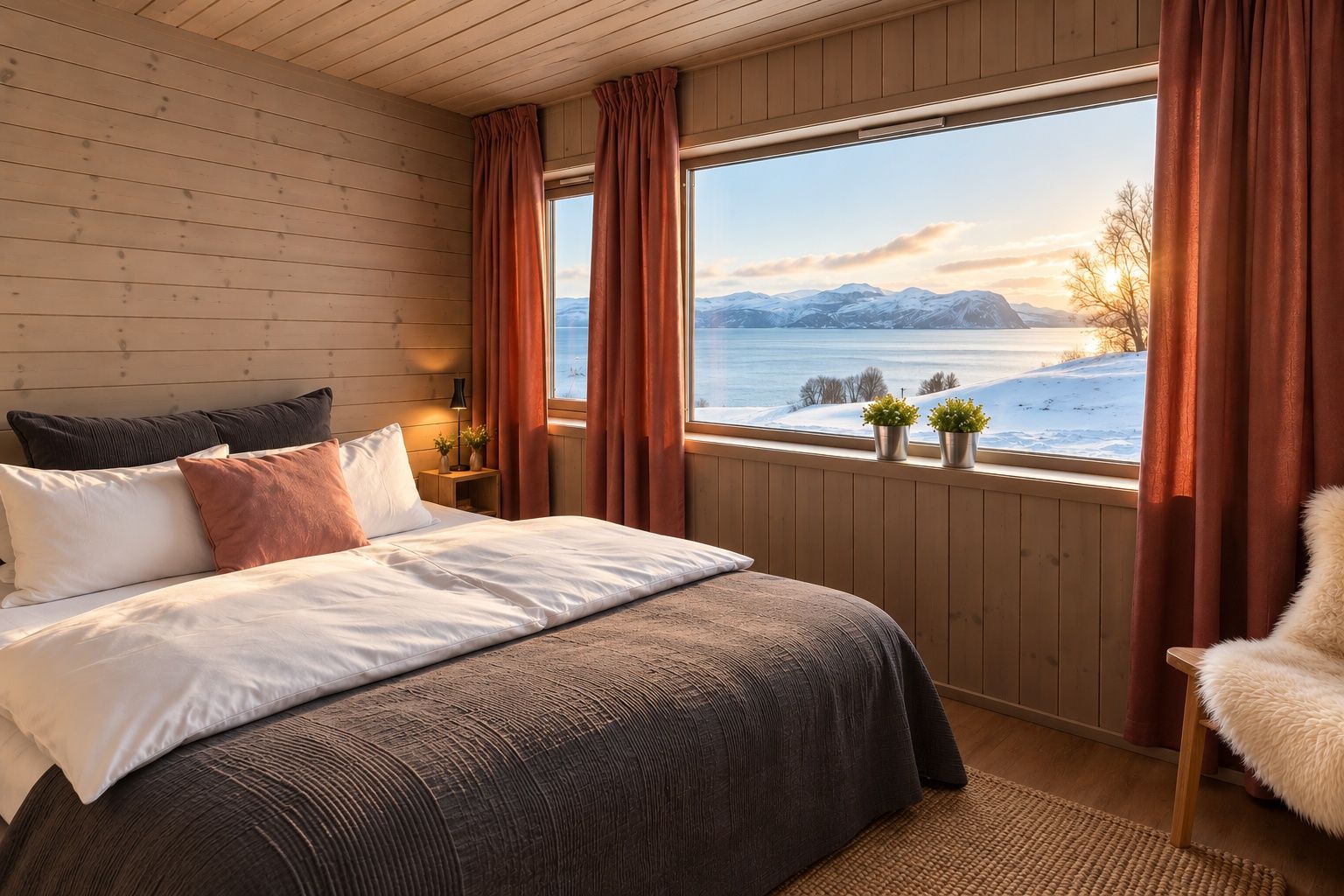 A bedroom with a large window, wooden walls, a bed with multiple pillows, a nightstand, and a chair.