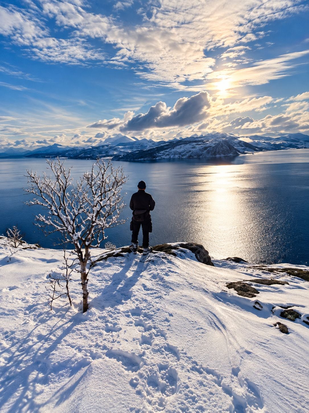 Eine Person steht auf einem mit Schnee bedeckten Hang und blickt auf einen ruhigen See mit Bergen im Hintergrund.
