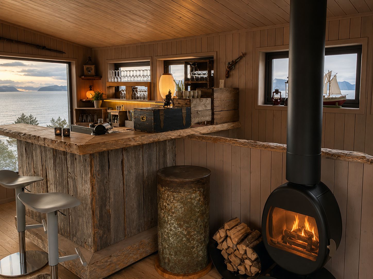 L’intérieur d’un chalet rustique, avec un bar en bois, un poêle à bois et une vue sur l’eau.