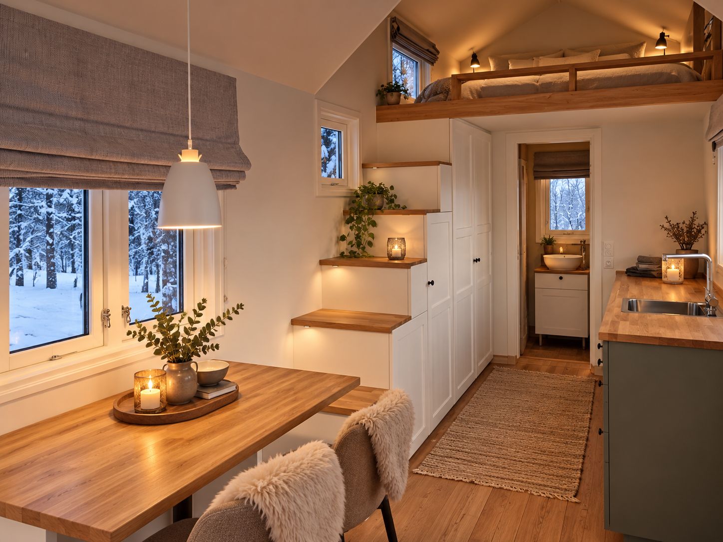 Una cucina accogliente con scaffali in legno, un'area pranzo con tavolo e sedie, e vista su una foresta innevata attraverso le finestre.