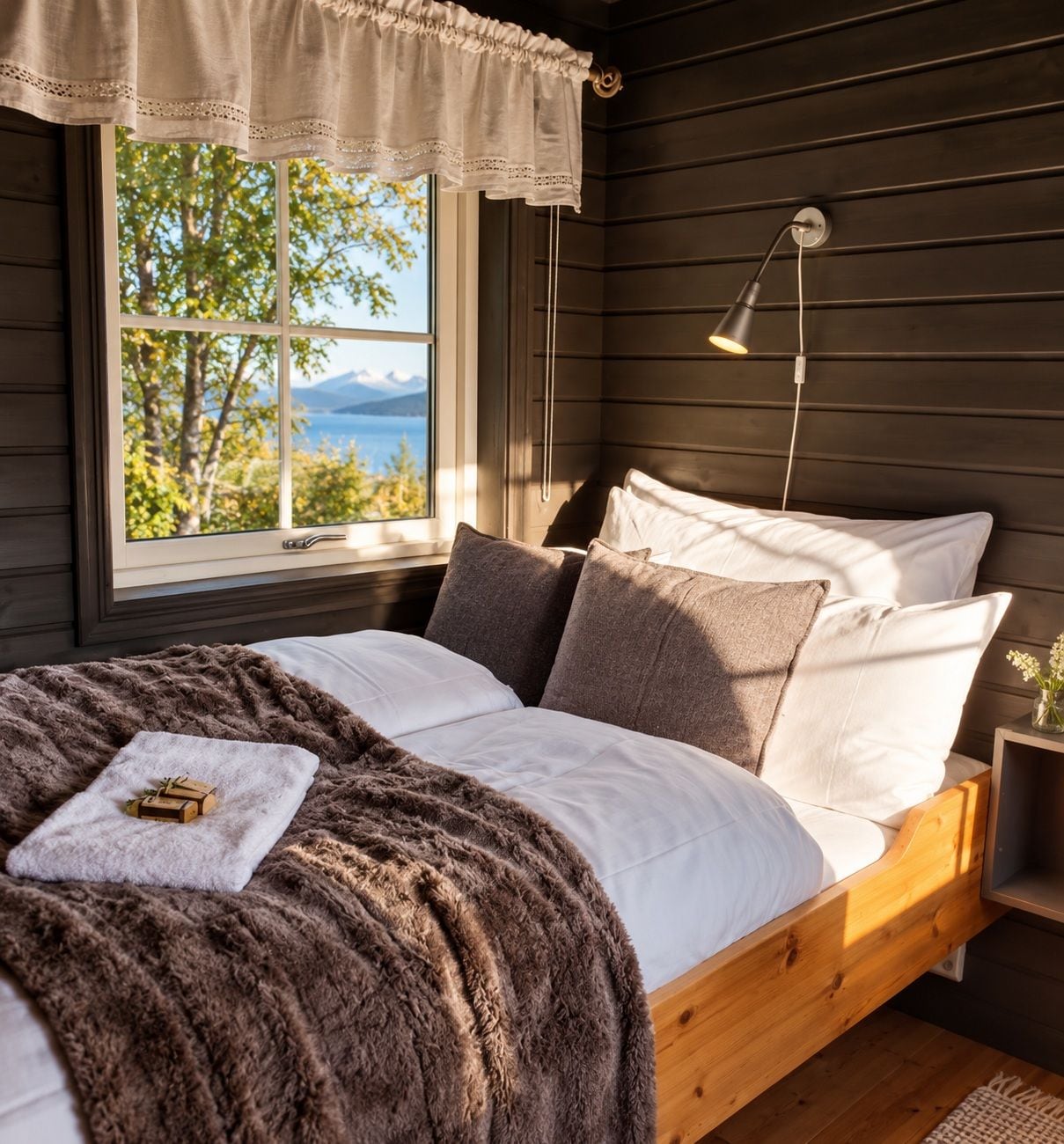 Un lit avec une couette blanche et des oreillers marron, une tête de lit en bois, une fenêtre donnant sur des arbres et des montagnes, et une lampe de chevet.