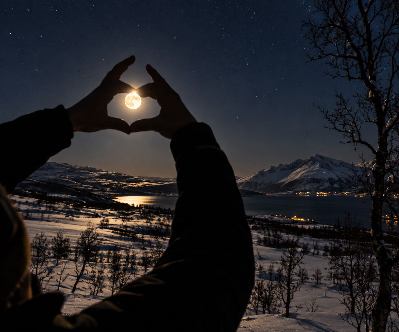 A person making a heart shape with their hands around a moon.