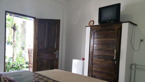 Una habitació amb un llit, una televisió sobre un moble de fusta, un frigorífic blanc i una porta que dona a un balcó amb plantes.