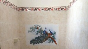 Un bany petit amb vàter, un envàs de paret i un mural de rajoles decoratiu.