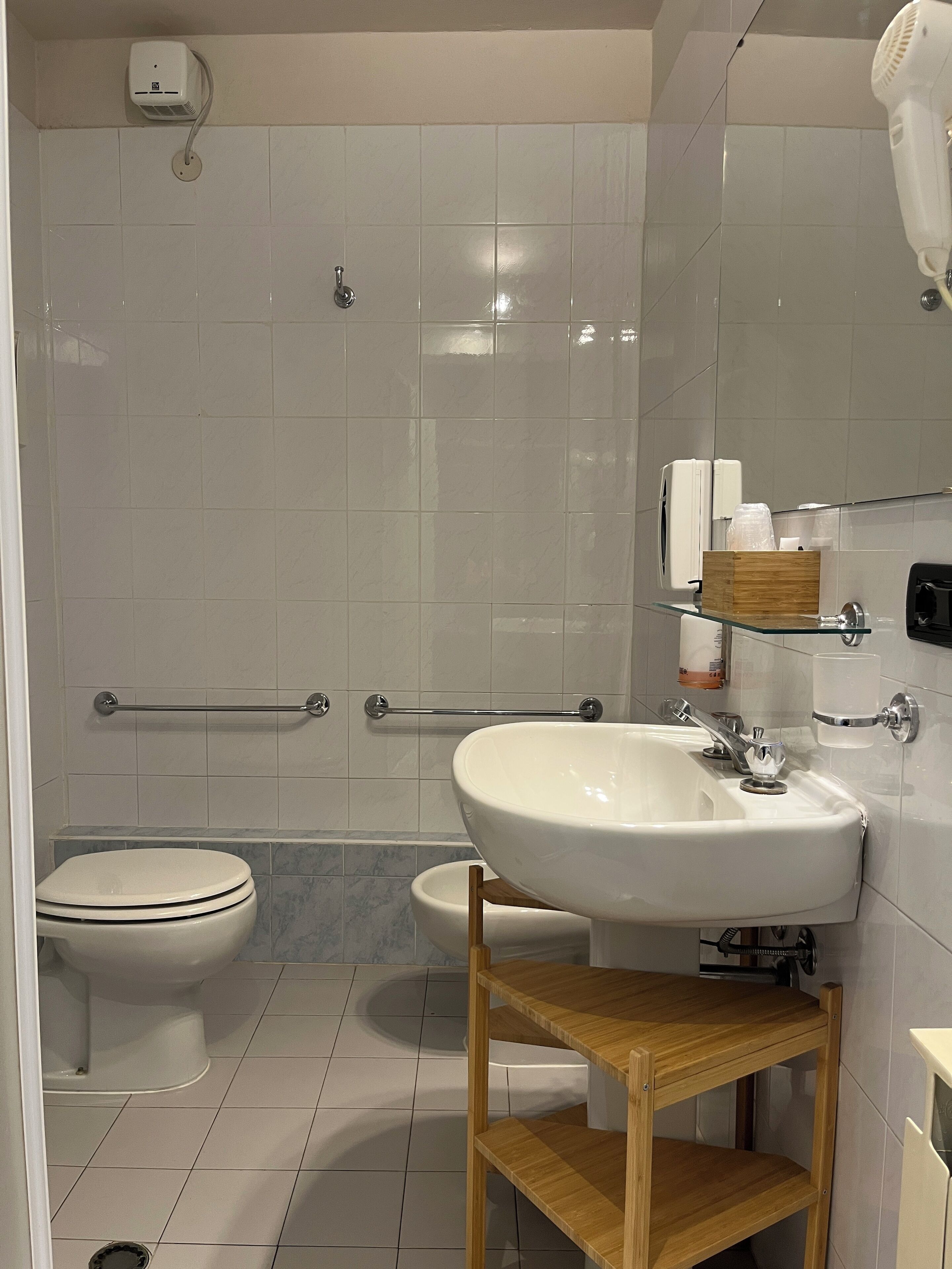 A modern bathroom with a white sink, a mirror, a handheld showerhead, and a toilet.