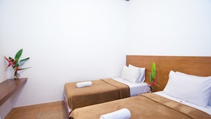 Habitación de hotel con dos camas, cada una con una colcha marrón y almohadas blancas. Una cabecera de madera se encuentra en la cama derecha, y una pequeña planta de hojas rojas y verdes al lado izquierdo de la habitación.