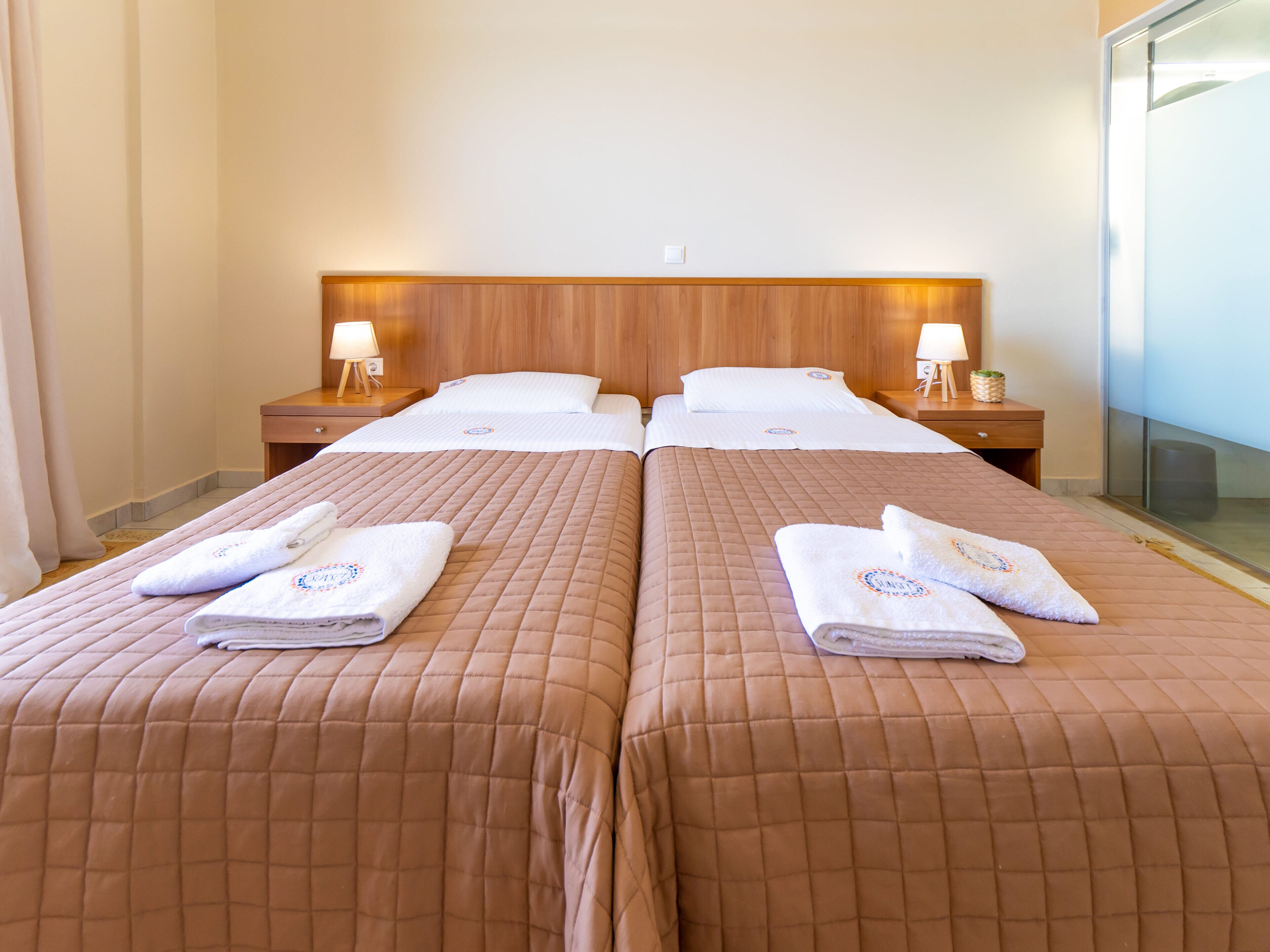 A hotel room with two beds, each with a brown quilted bedspread and white pillows. There are two bedside tables with lamps and a small plant on one.