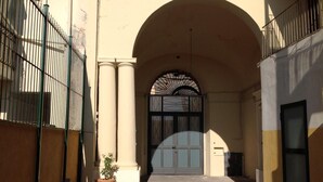 A narrow alleyway with a large arched entrance, a potted plant, and a metal gate on the left.
