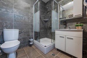 A modern bathroom with a glass-enclosed shower, a white toilet, and a vanity with a mirror and sink. - Aparthotel Plat (Zadar)