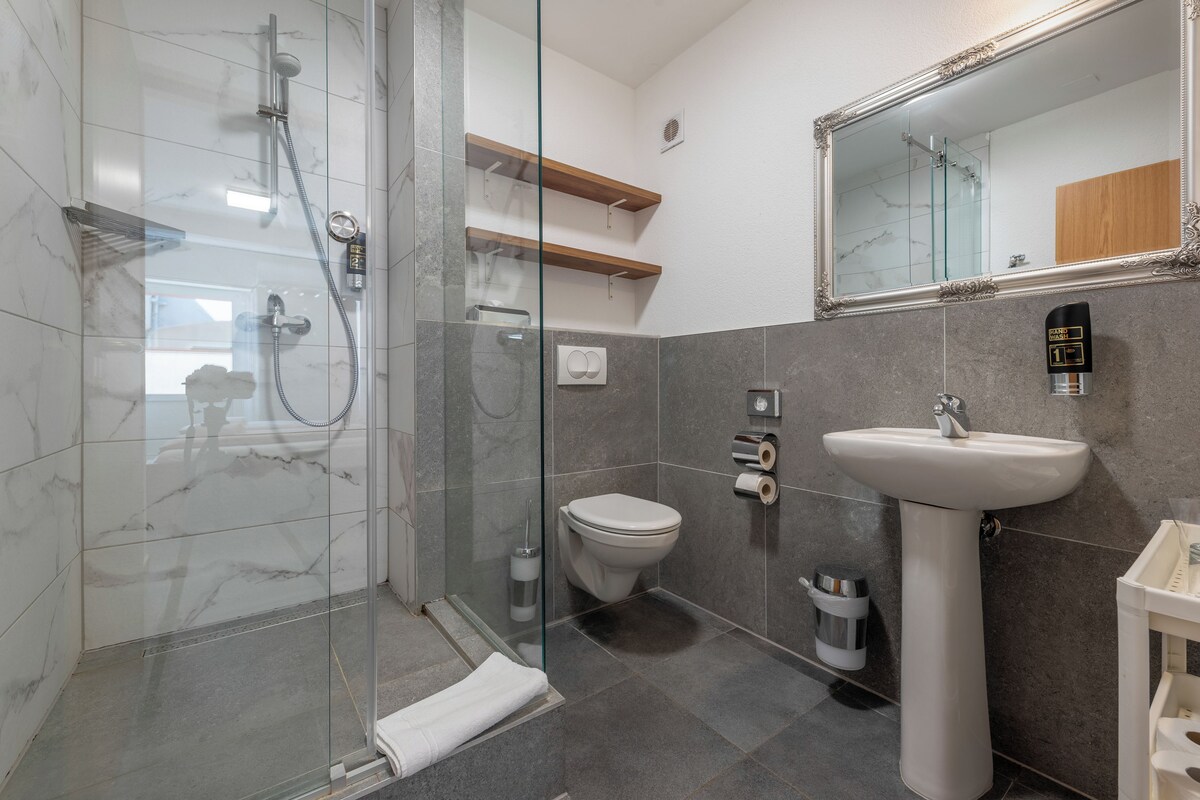 A modern bathroom with a glass-enclosed shower, a toilet, a sink, and a mirror with a wooden frame.
