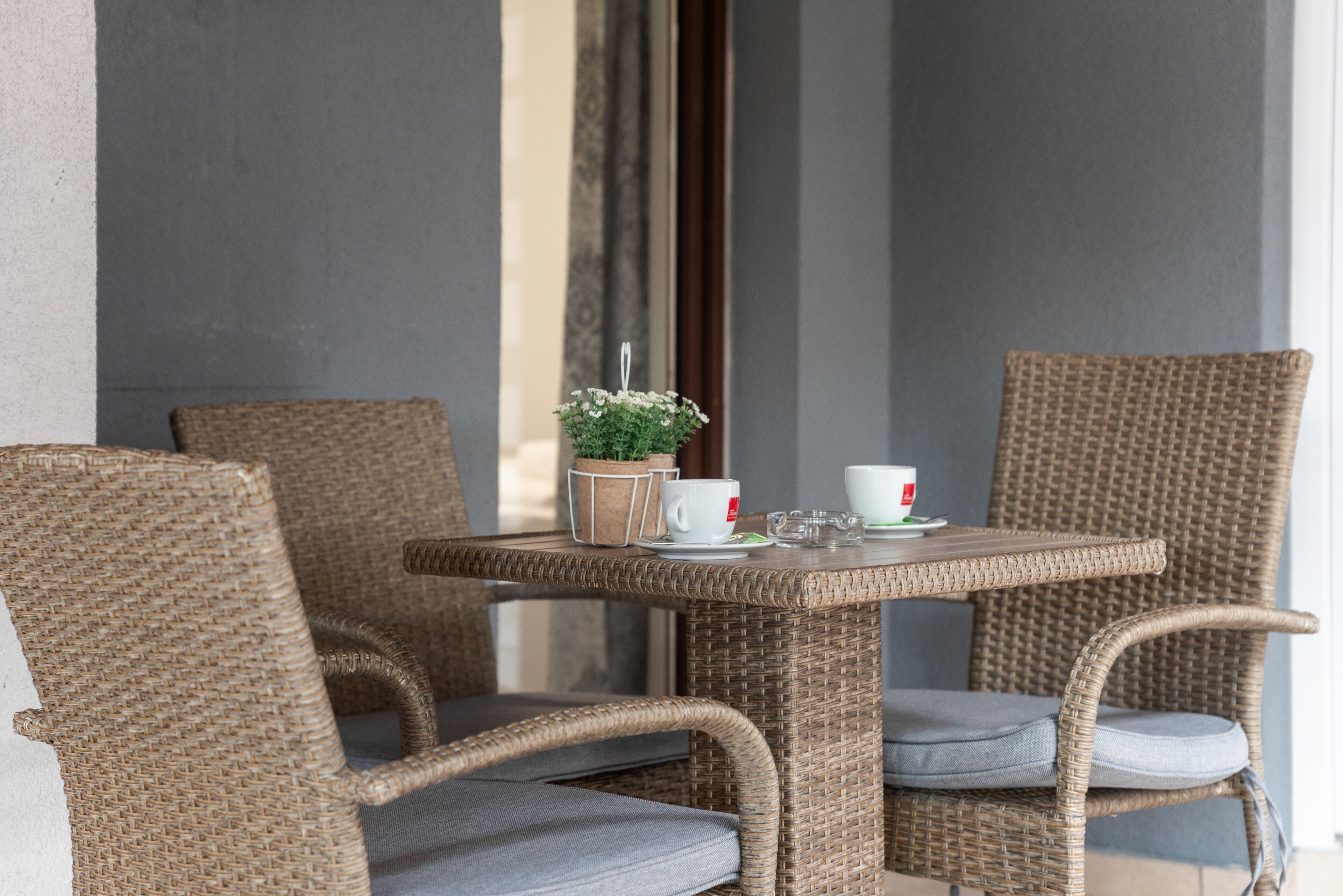 Una mesa de mimbre con dos sillas, una planta en maceta y dos tazas.
