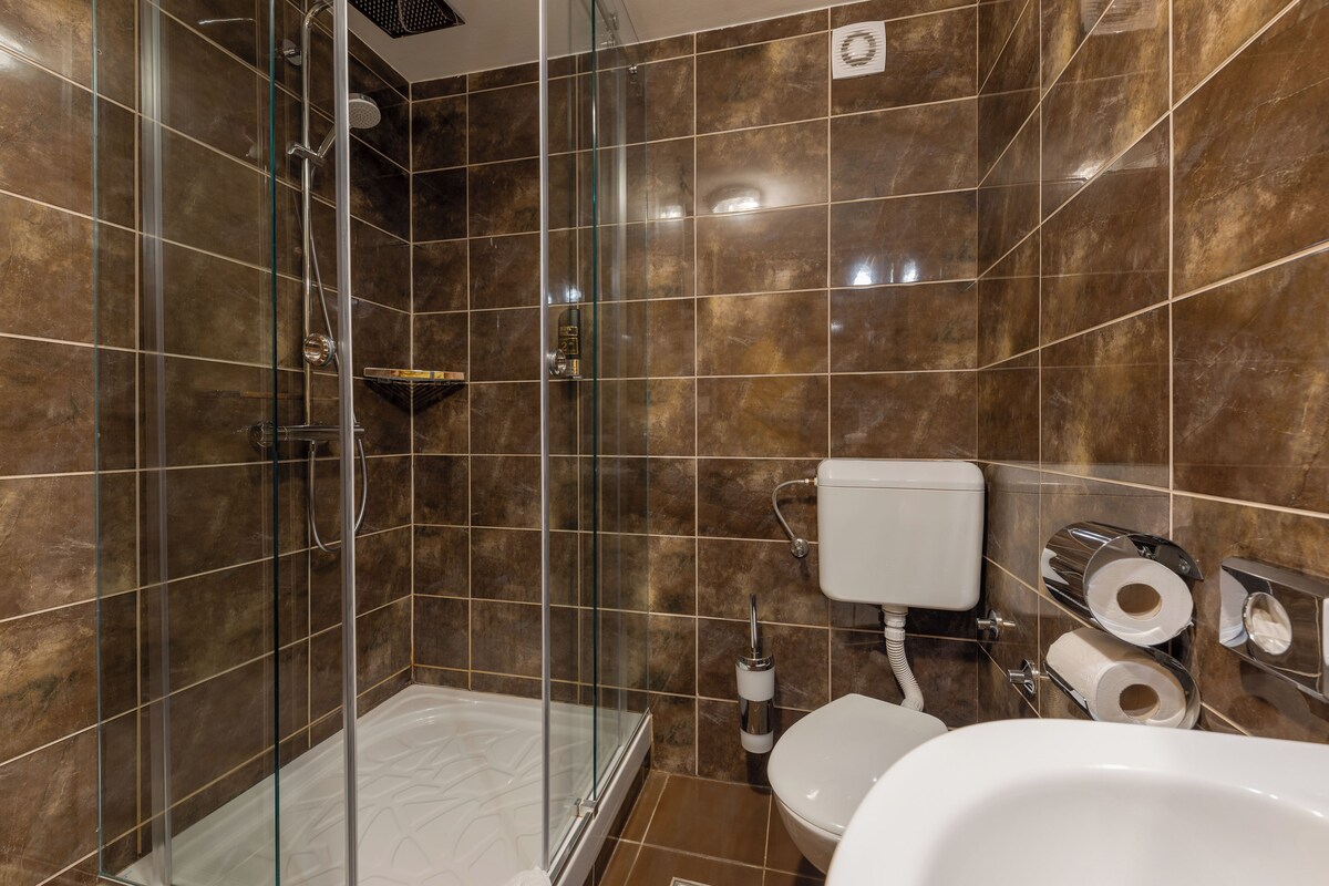 A modern bathroom with a glass-enclosed shower, a toilet with a paper towel holder, and a sink.