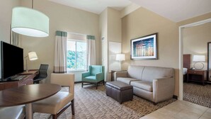 A hotel room with a flat-screen TV, a dining table, a sofa, a chair, and a patterned rug.