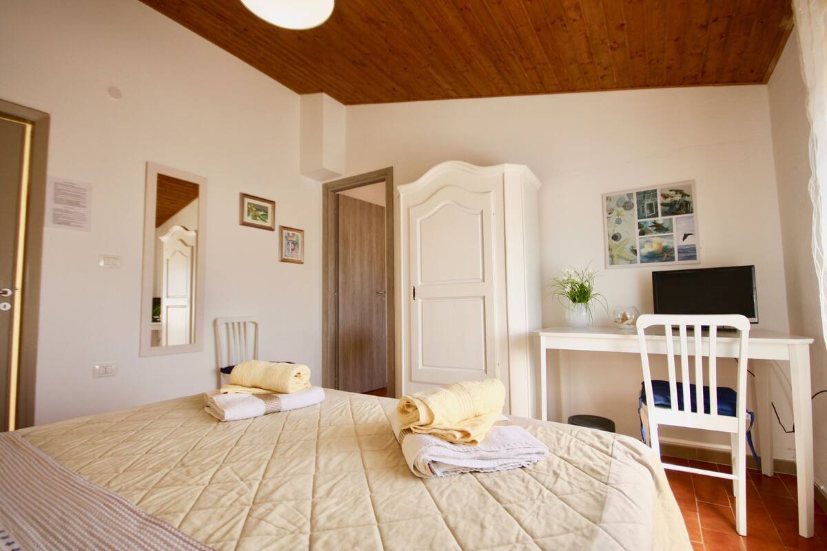 Quarto com cama, escrivaninha, cadeira, televisão e porta.