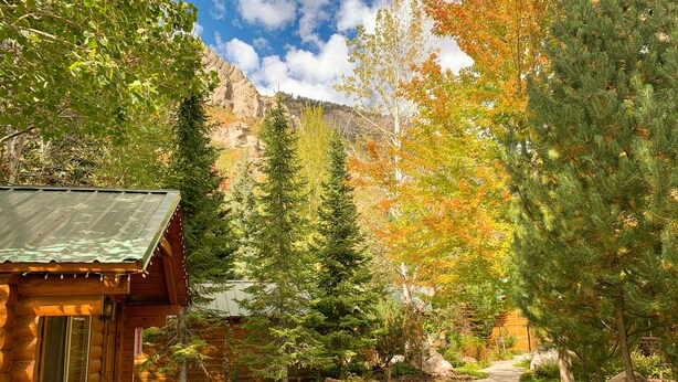 A log cabin with a patio, surrounded by a garden and a mountain backdrop. - Alaskan Inn (Ogden)