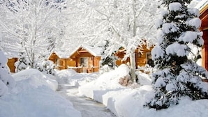 A snow-covered pathway leading to wooden cabins with visible windows and doors. - Alaskan Inn (Ogden)