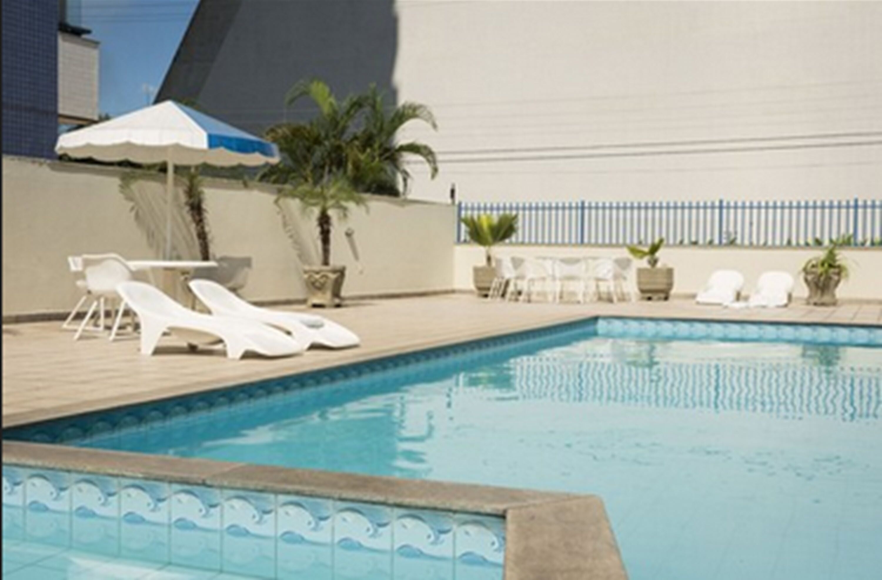 Una piscina con sillas de descanso y una mesa, rodeada de plantas en macetas.
