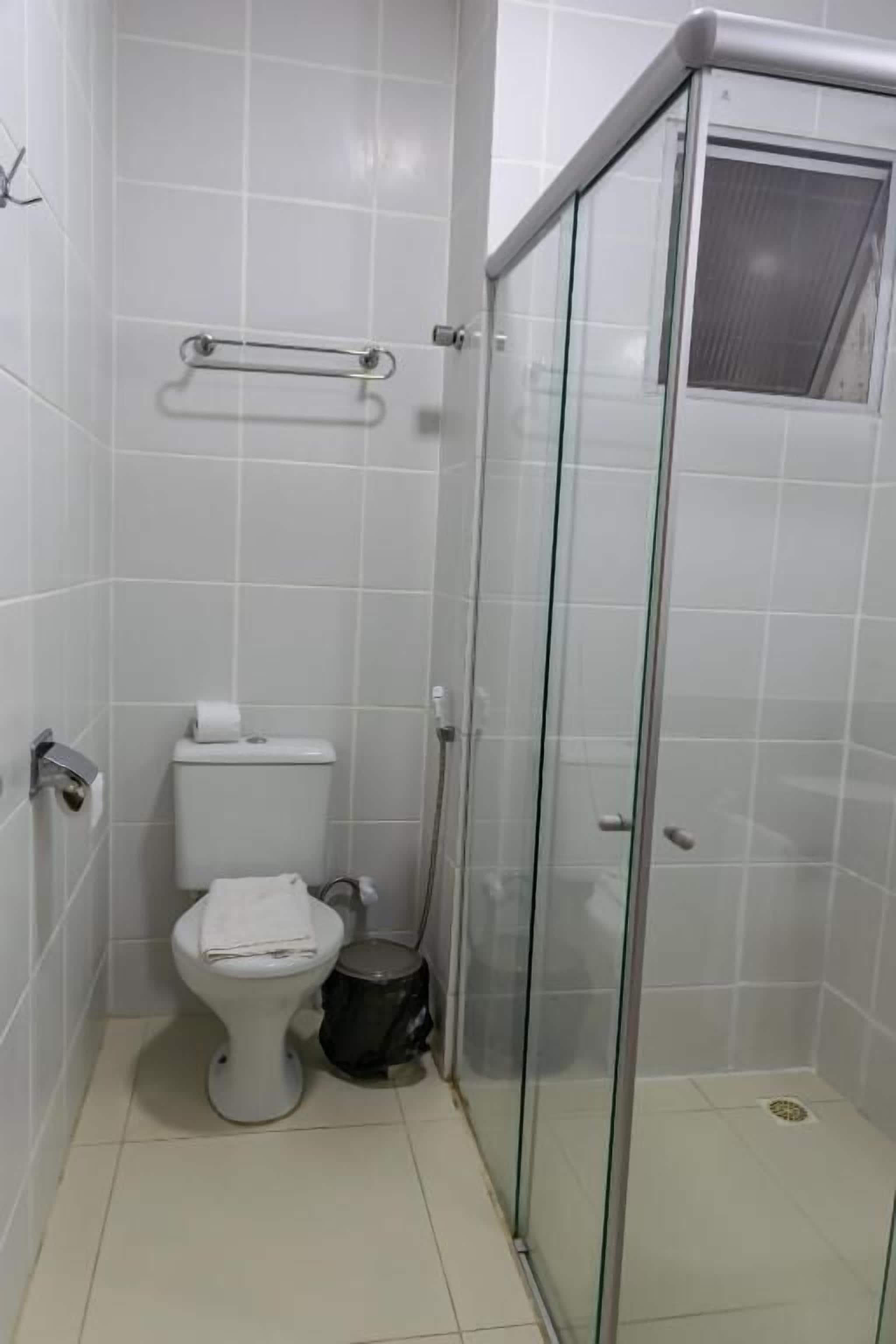 A small, enclosed bathroom with a toilet, a glass shower enclosure, and a towel rack.