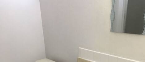 A bathroom with a toilet, sink, and mirror.