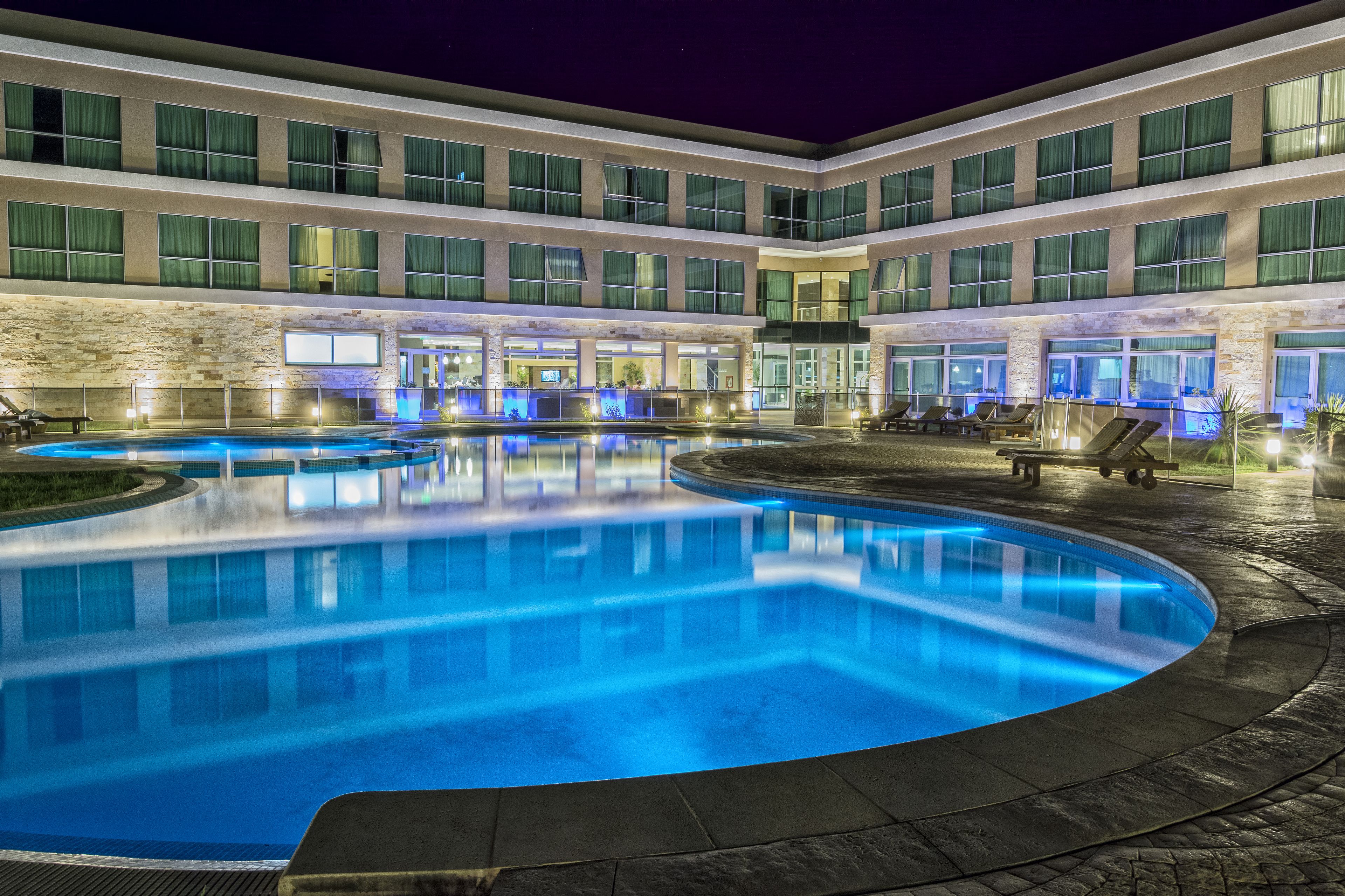 indoor pool, seasonal outdoor pool, pool loungers