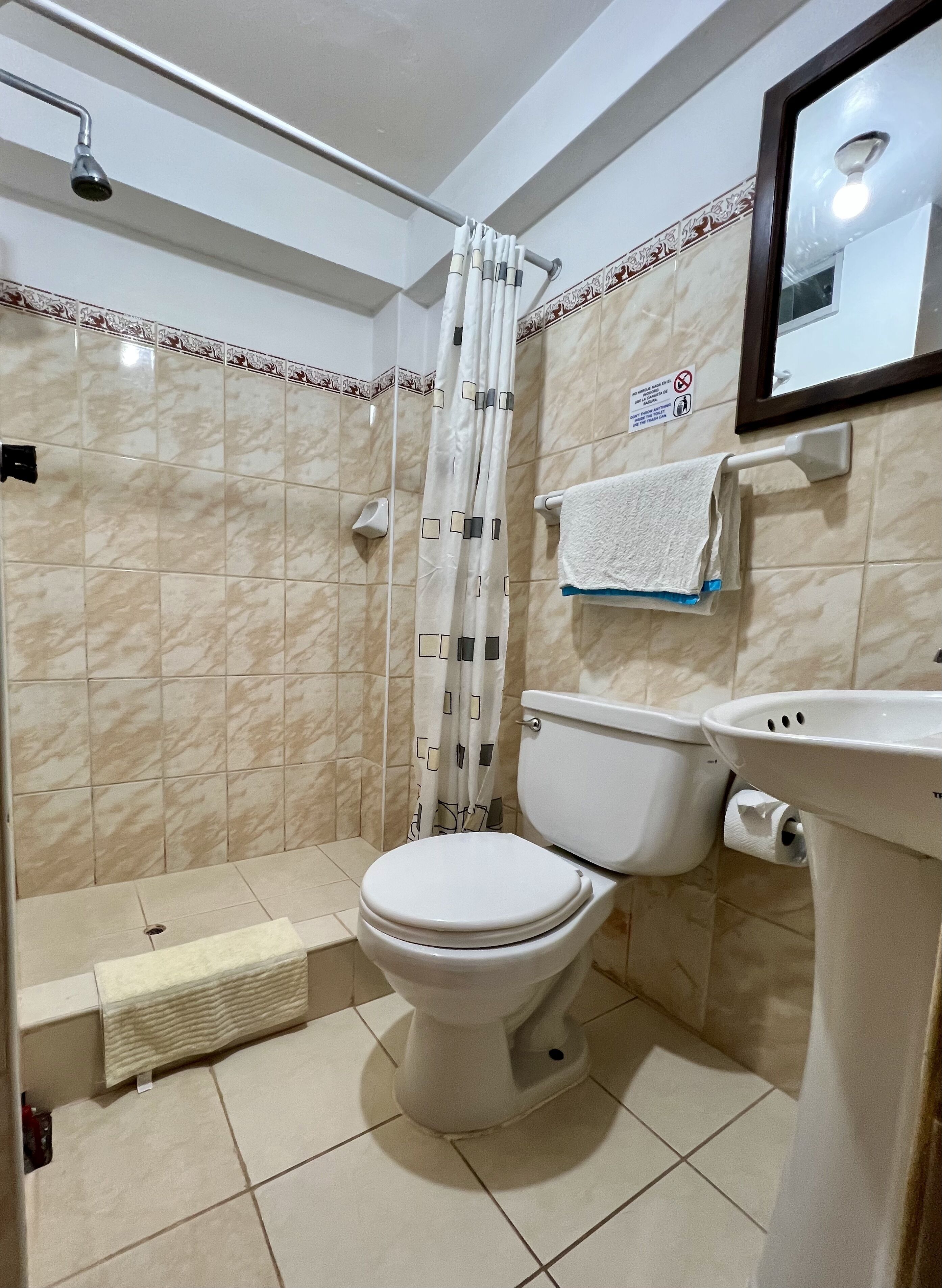 Shower, free toiletries, hair dryer, towels