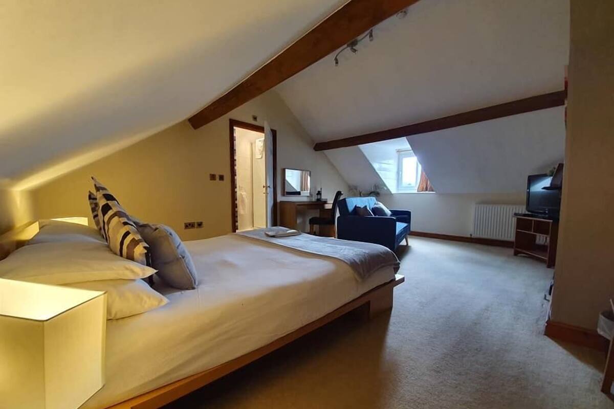 A bedroom with a large bed, a desk, a chair, and a television.