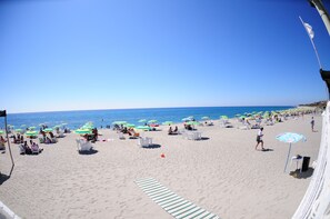 On the beach, sun loungers, beach umbrellas