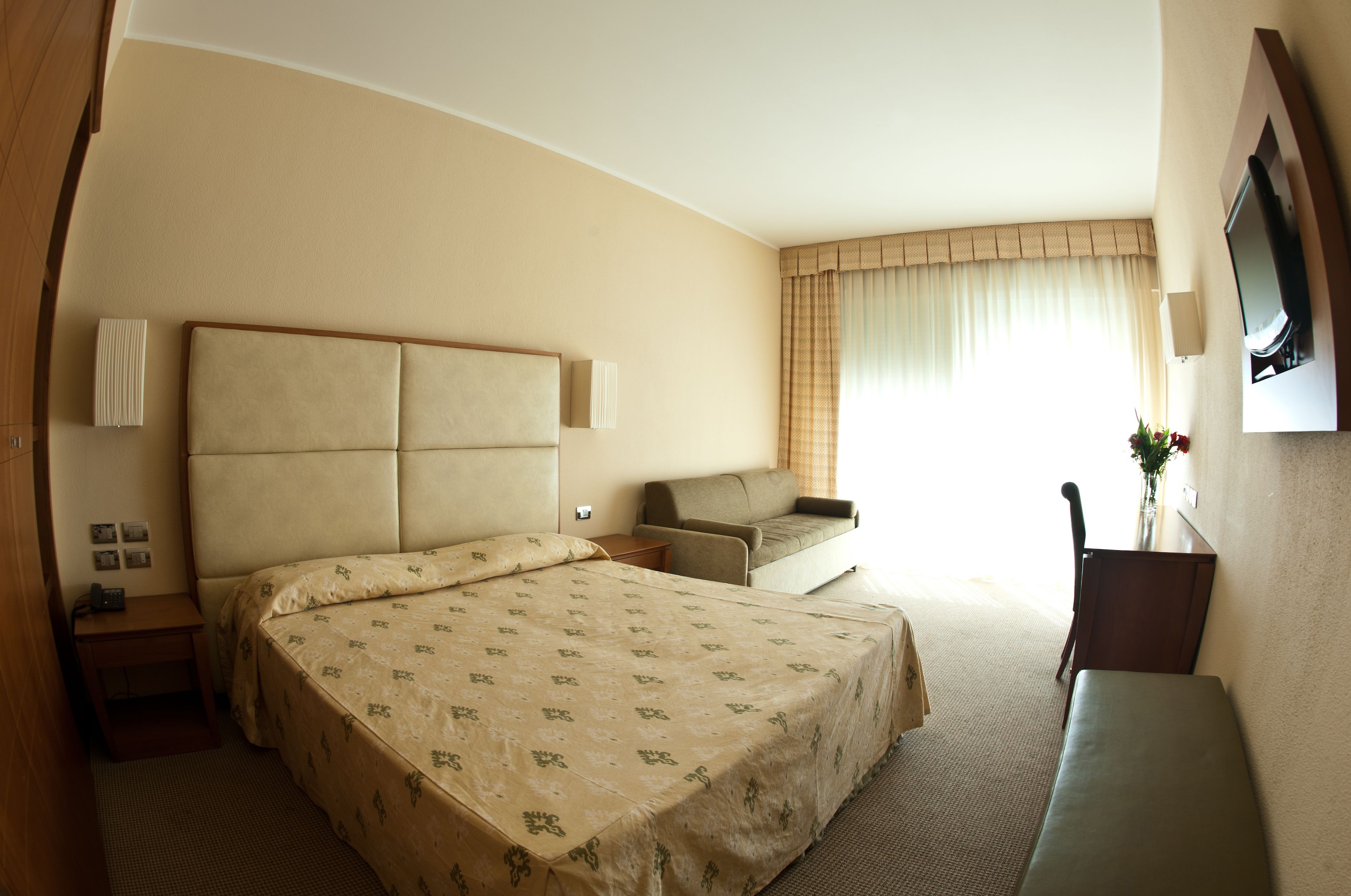 Habitación de hotel con una cama grande, un sofá, un escritorio y un televisor.