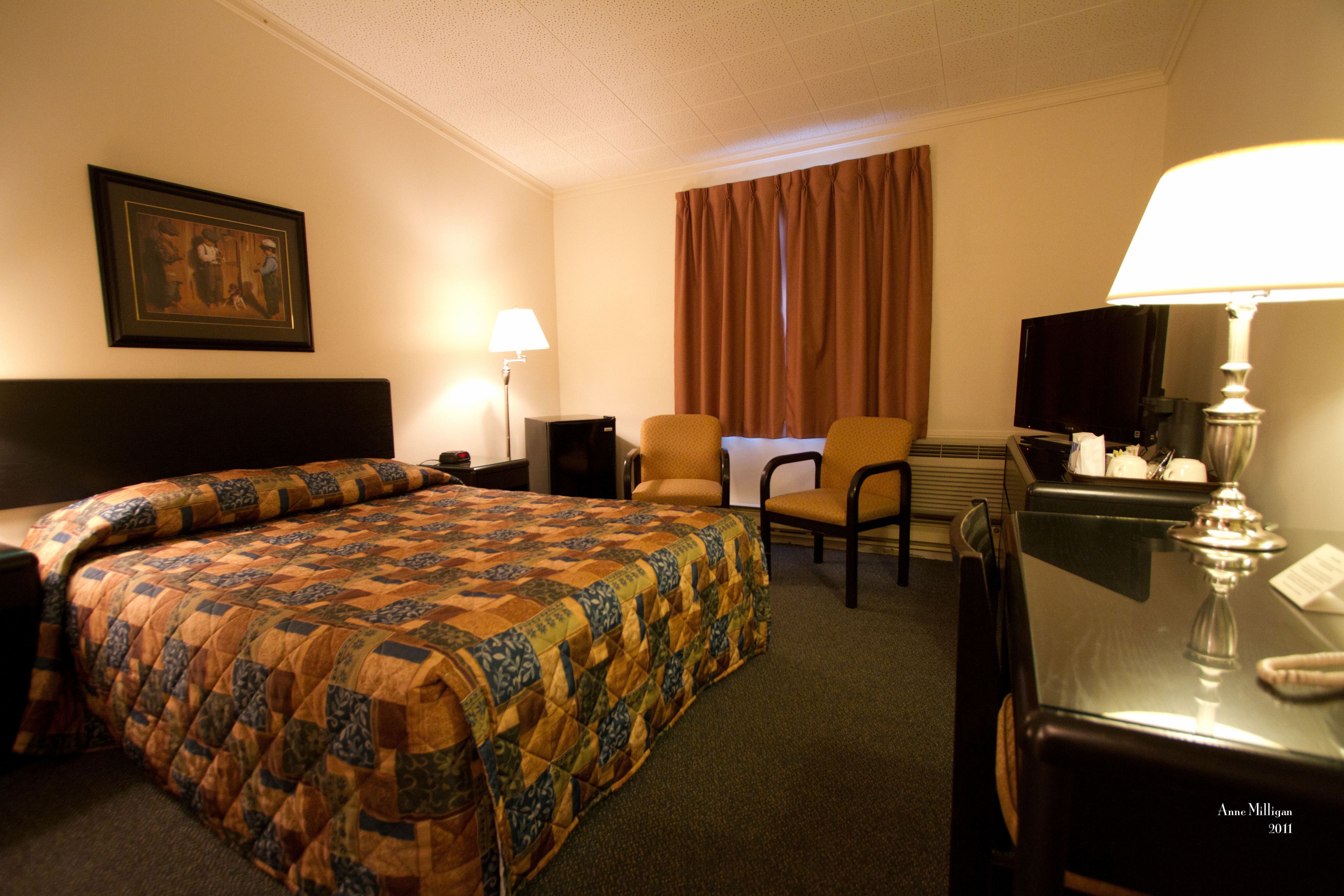A hotel room with a large bed, a desk with a lamp, a chair, a television, and a framed picture on the wall.