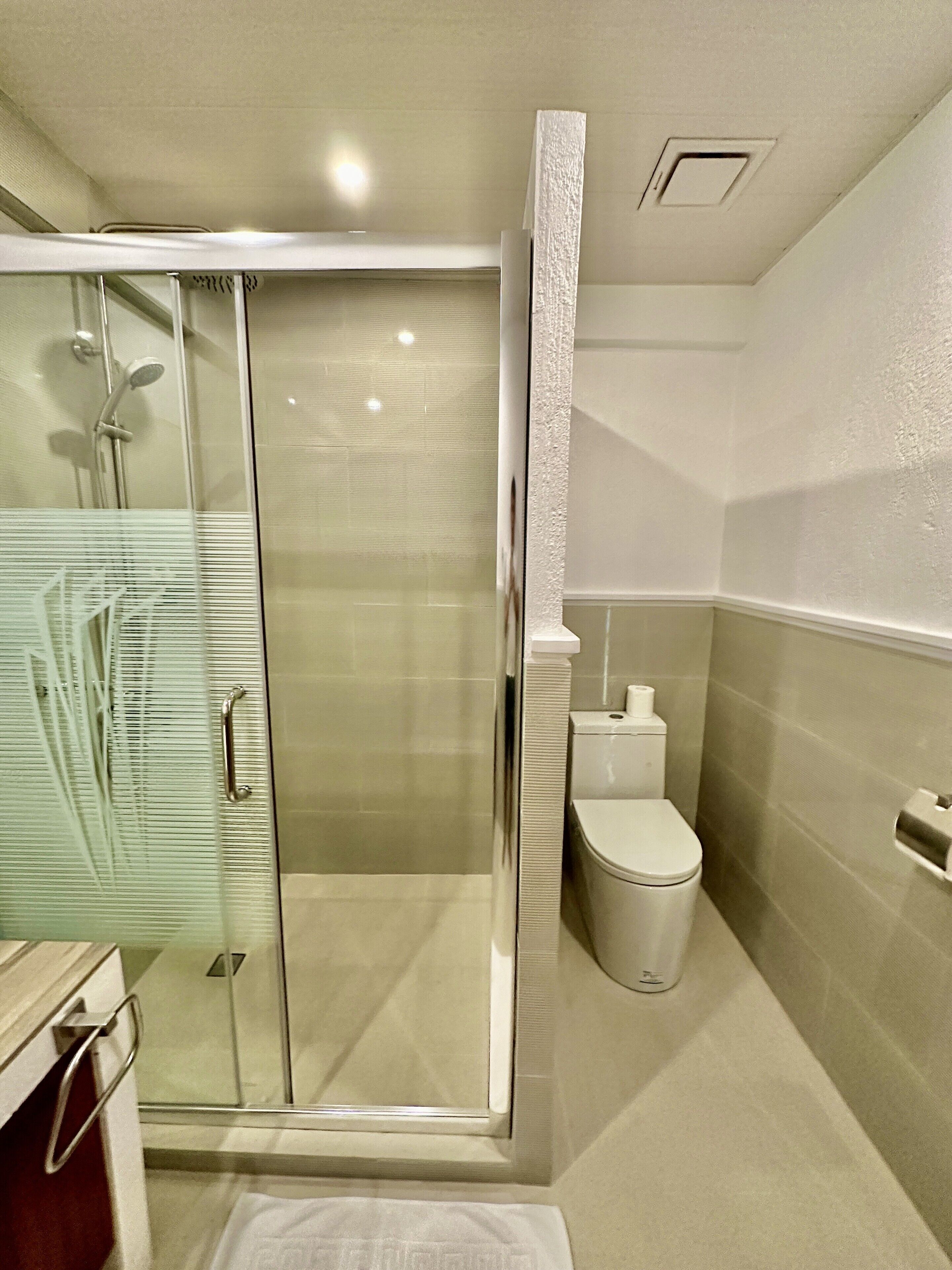 A bathroom with a glass-enclosed shower, a toilet, and a sink with a towel rack.