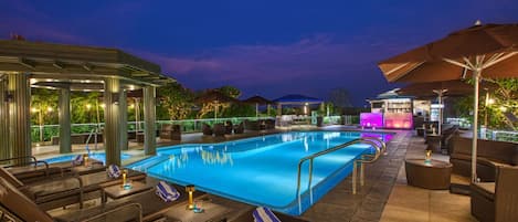 Outdoor pool, open 8:00 AM to 8:00 PM, pool umbrellas, pool loungers