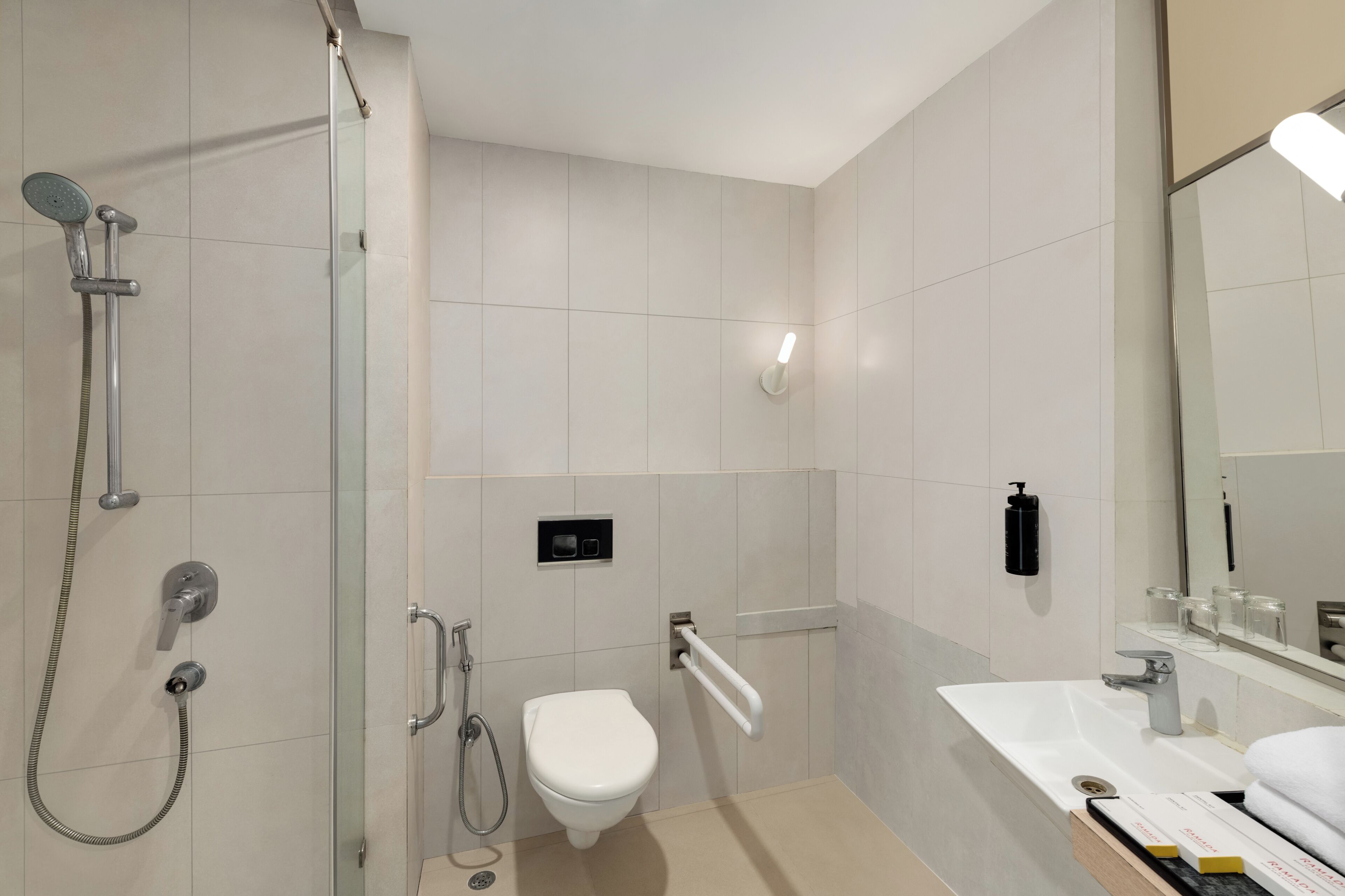 A modern bathroom with a glass-enclosed shower, a white toilet, a handrail, a towel rack, and a sink with a mirror.