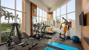 A gym with exercise equipment, large windows, and a view of palm trees.