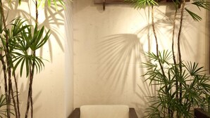 A room with a white sofa, a wooden floor, and tall plants against a plain wall. - Hotel Public Jam (Osaka)