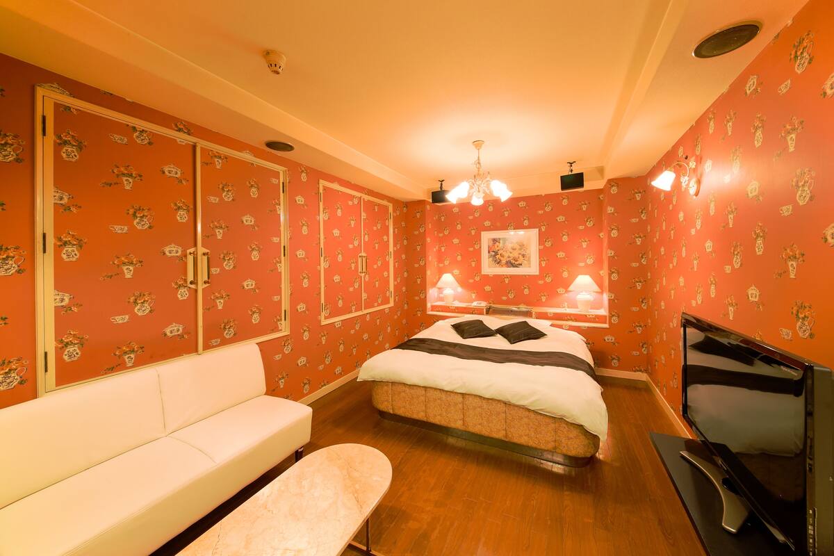 A bedroom with a bed, a white sofa, a TV, and a desk.