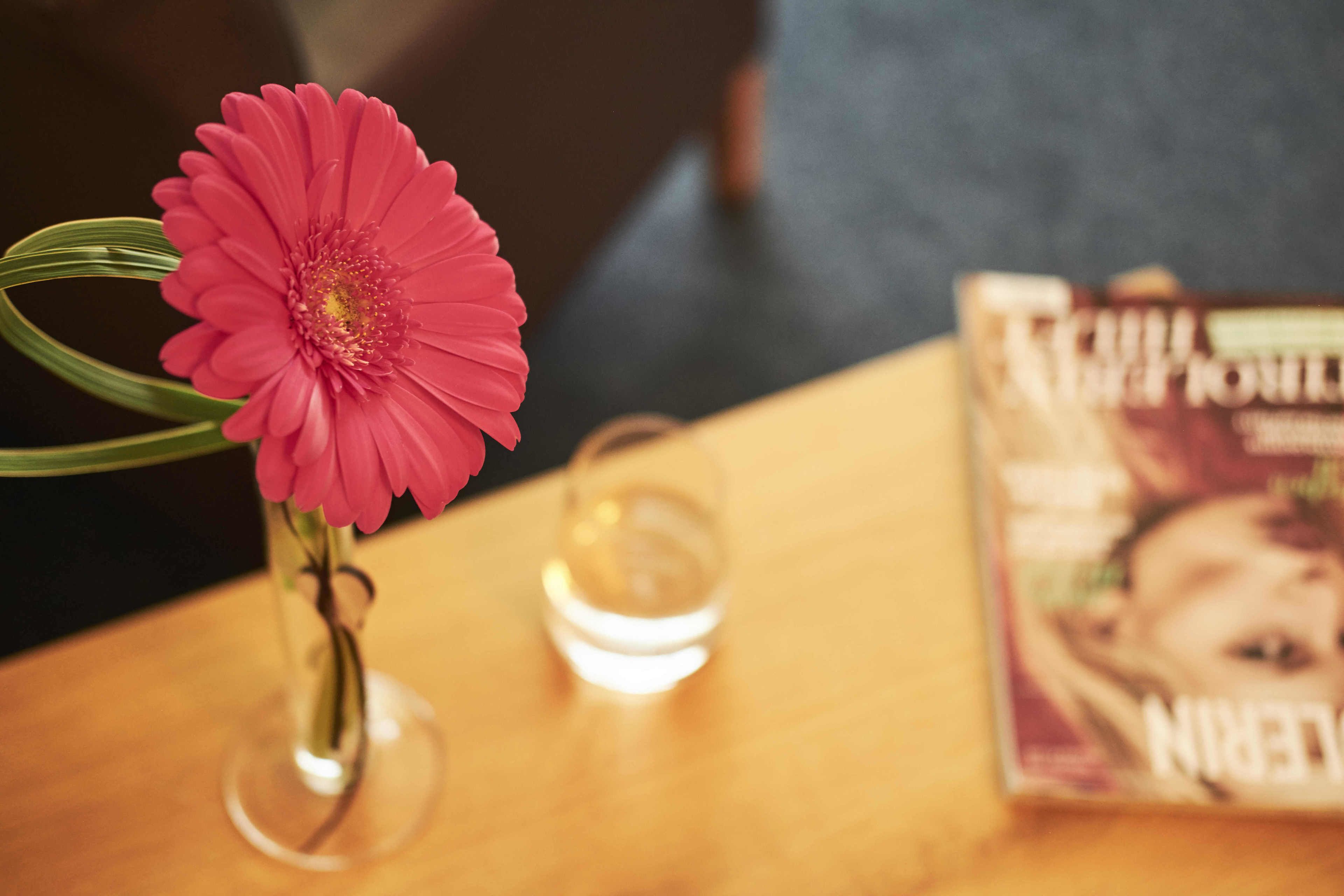 Ein Tisch mit einer rosa Blume in einer Glasvase, einer Kerze und einer Zeitschrift.