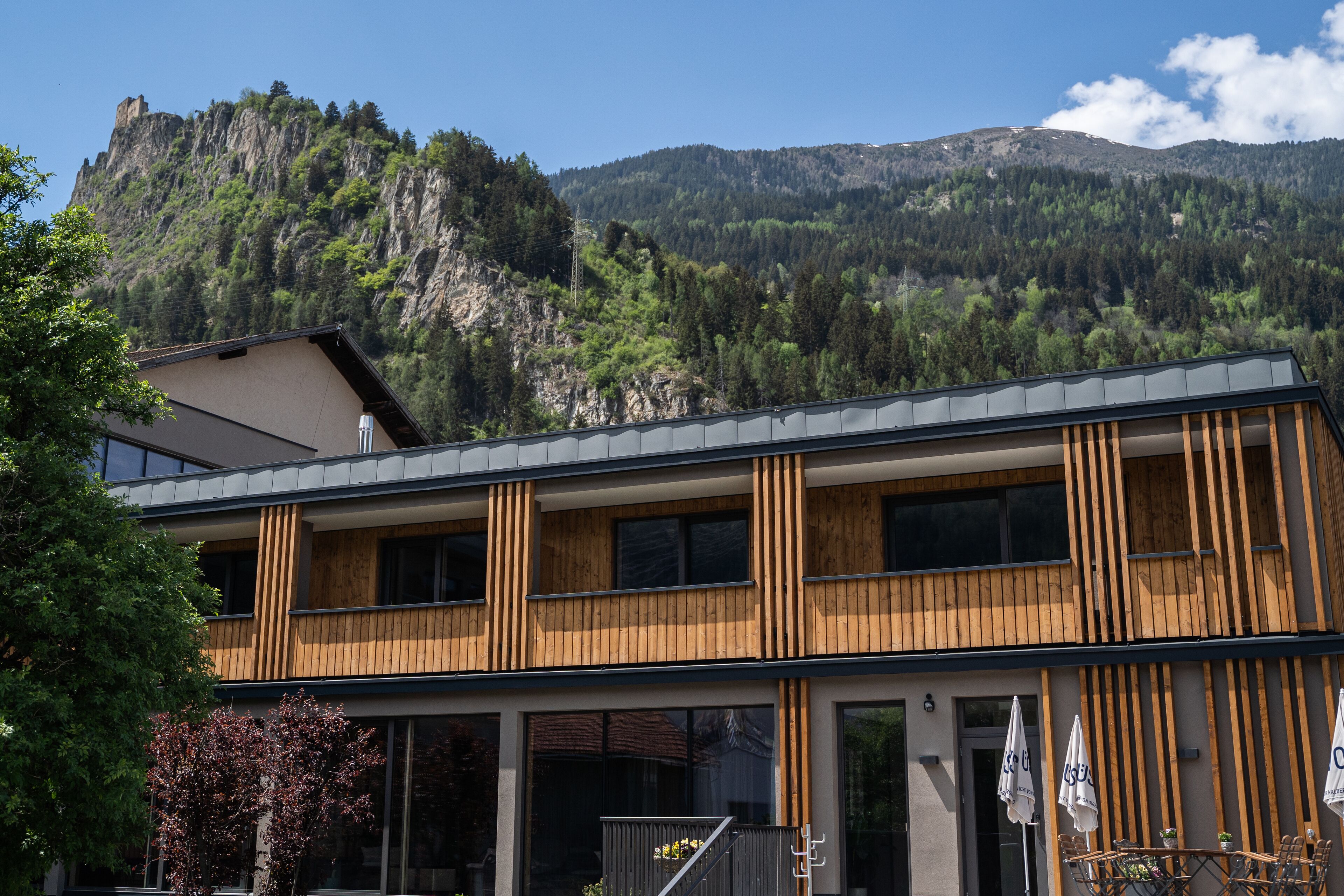 A modern building with a wooden facade, large windows, and a view of a mountain.