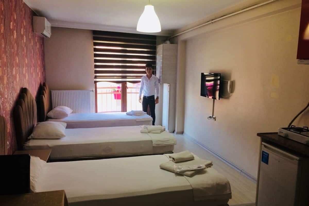 Una camera d'albergo con due letti, una scrivania, un piccolo frigorifero e una TV montata a parete.