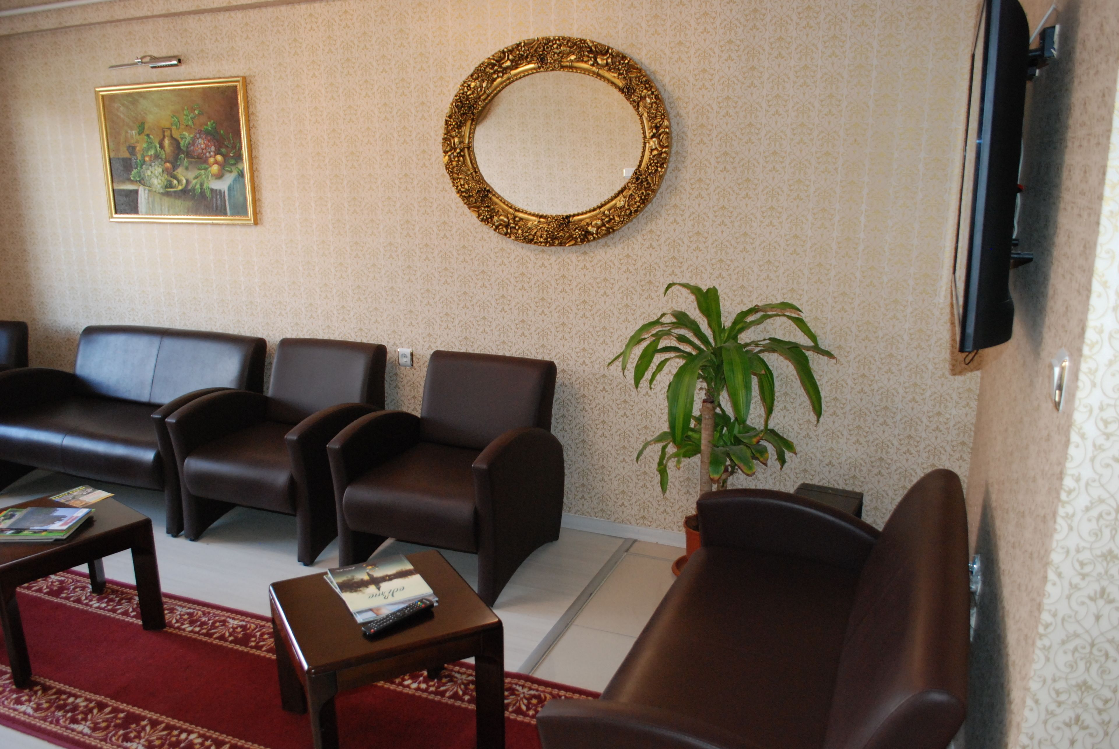 Een woonkamer met een bruine leren bank, twee fauteuils, een bijzettafeltje, een potplant, een ingelijste schilderij en een ronde spiegel aan de muur.