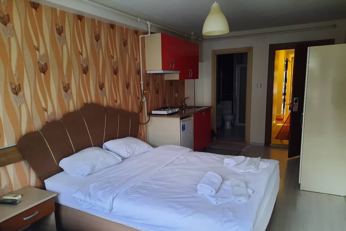 Camera d'albergo con un letto, un comodino, una scrivania, un armadio, un bagno e un corridoio.