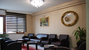 A room with a red carpet, leather chairs, a coffee table, a painting, a mirror, and a potted plant. - Selimiye  (Edirne)