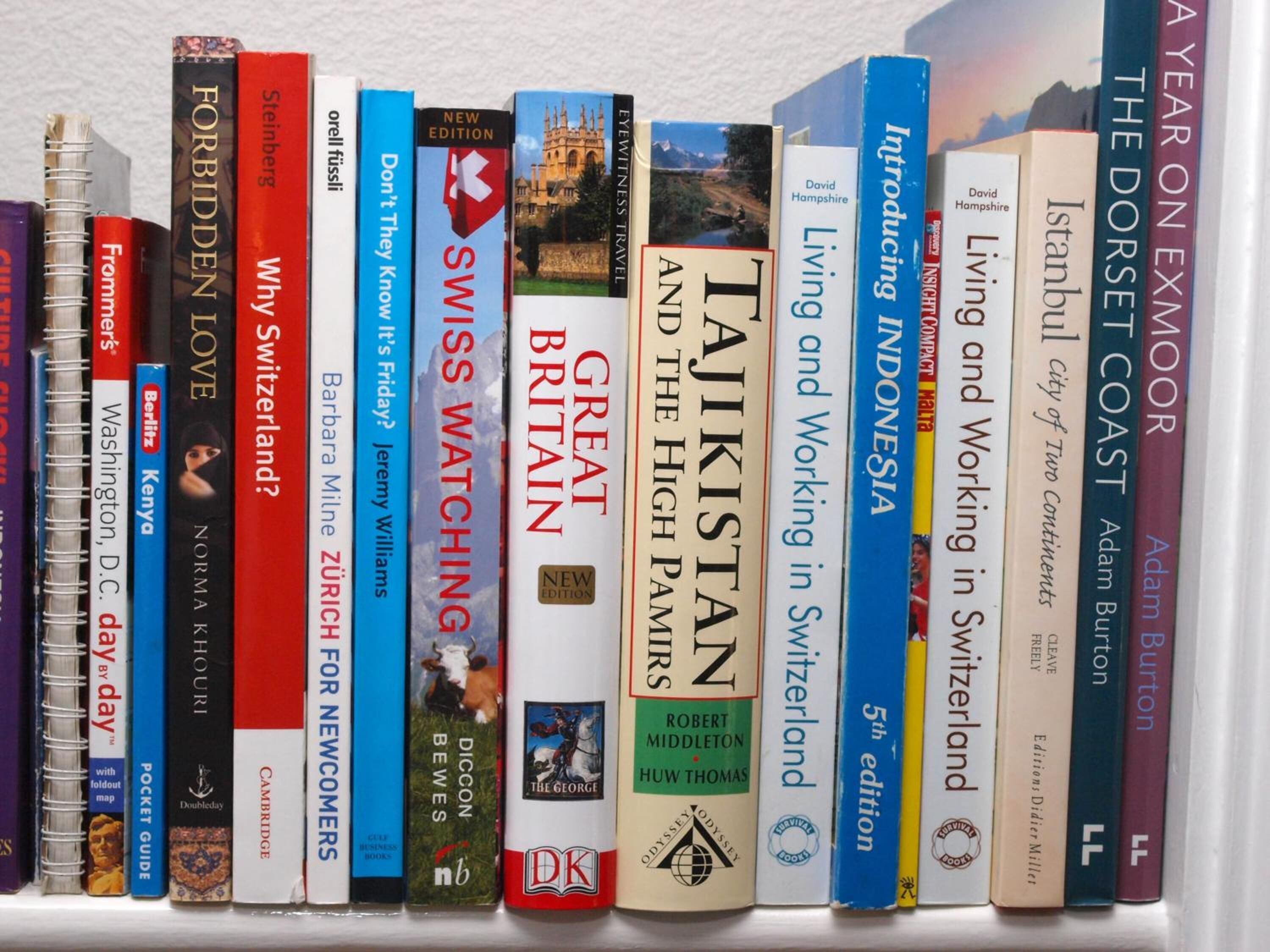 Una estantería con varios libros de viajes.