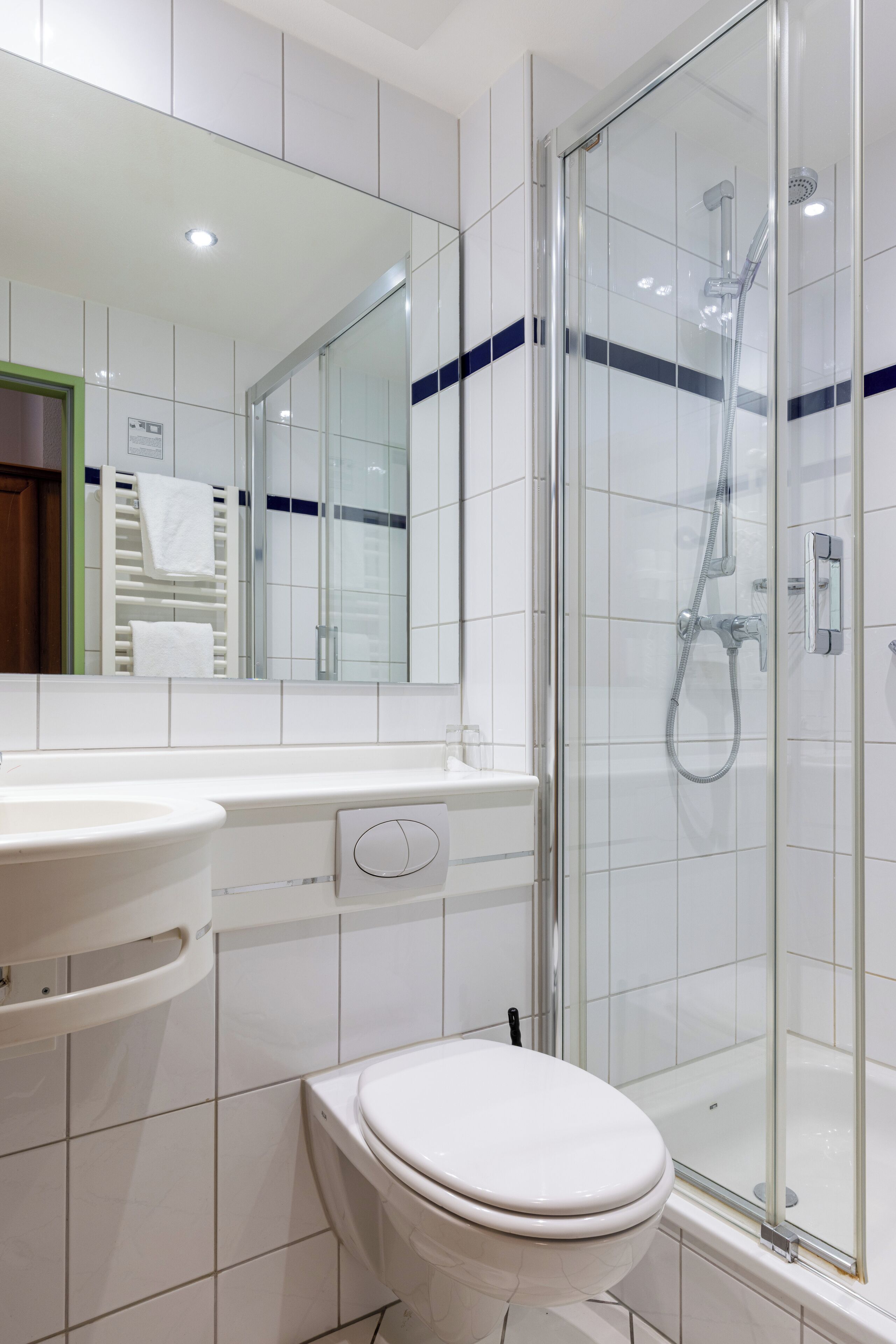 A modern bathroom with a glass-enclosed shower, a white toilet, and a sink with a mirror above it.