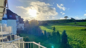 Un quartier résidentiel offrant une vue sur un champ verdoyant et des arbres, avec un escalier et un immeuble doté de balcons.